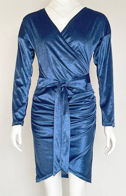 Womens Sexy Velvet V Neck Slim Fit Long Sleeved Dress SIZE S-3XL