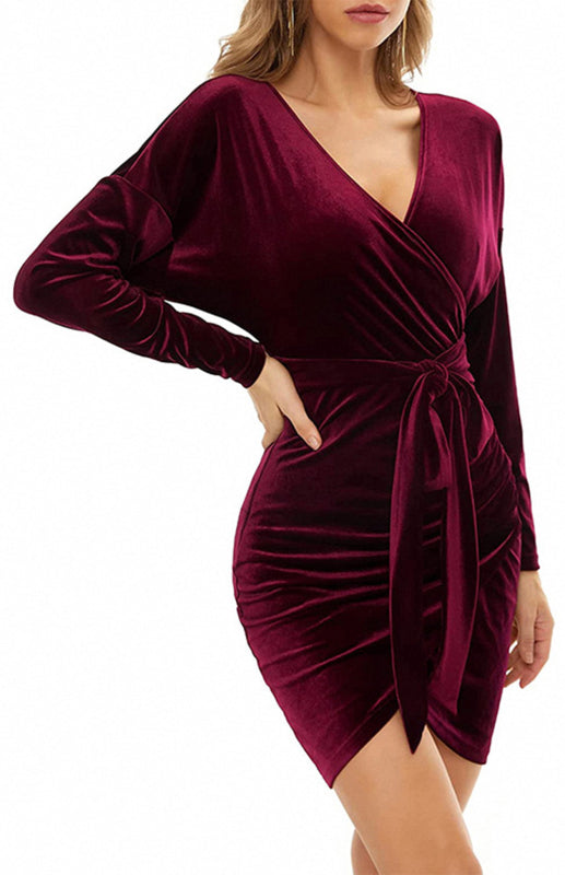 Womens Sexy Velvet V Neck Slim Fit Long Sleeved Dress SIZE S-3XL