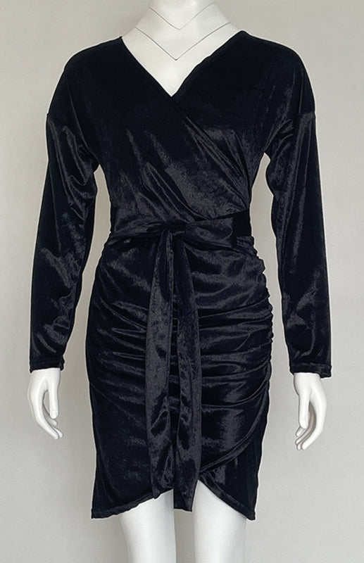 Womens Sexy Velvet V Neck Slim Fit Long Sleeved Dress SIZE S-3XL