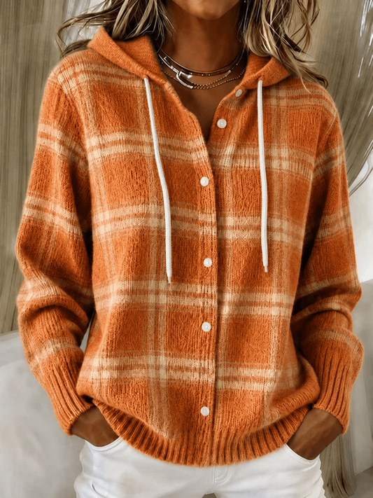 Plaid Casual Hoodie Regular Fit Knit Top