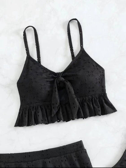 Womens Tie Front With Ruffle Hem Mini Skirt 3 Piece Set SIZE S-XL