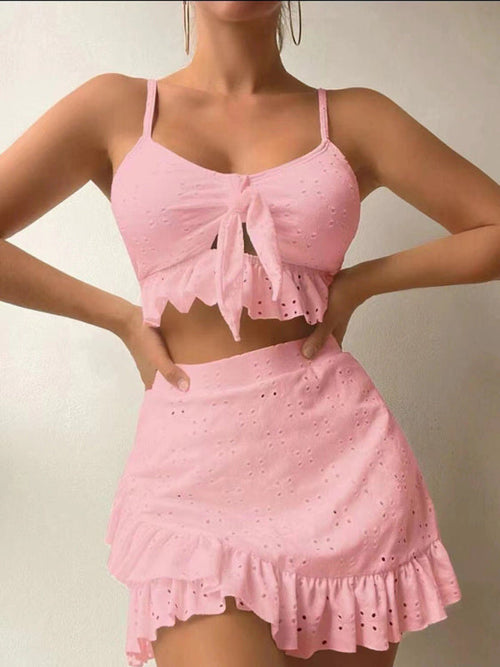 Womens Tie Front With Ruffle Hem Mini Skirt 3 Piece Set SIZE S-XL