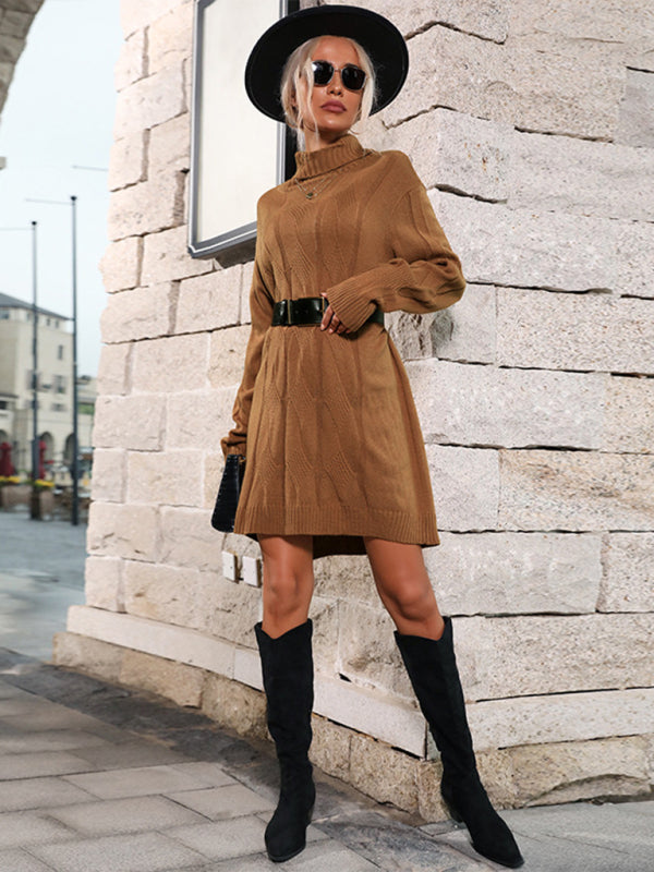 Womens Mid High Collar Solid Color Sweater Dress SIZE S-L