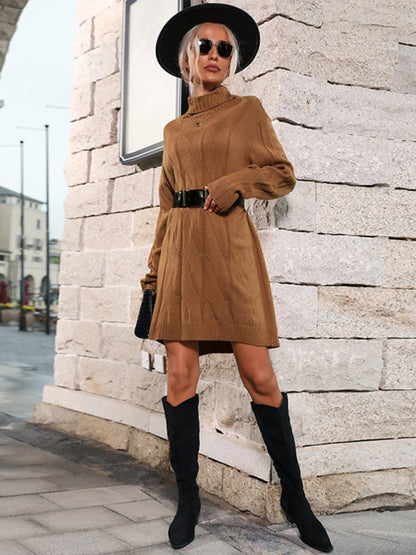 Womens Mid High Collar Solid Color Sweater Dress SIZE S-L